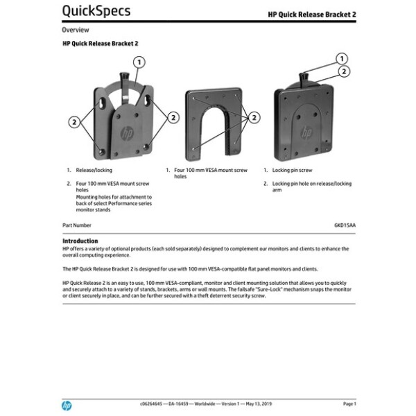 ⁦מתקן תלייה למסך / מחשב HP Mini עם שחרור מהיר HP Quick Release 2⁩ – תמונה ⁦2⁩