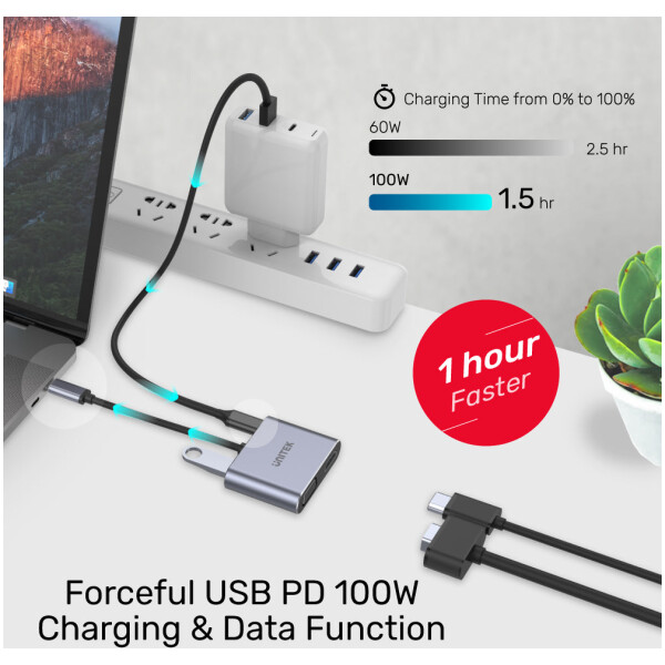 ⁦תחנת עגינה Unitek uHUB Q4 Lite 4-in-1 USB-C Hub with MST Dual Display and PD 100W⁩ – תמונה ⁦6⁩
