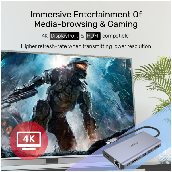 ⁦תחנת עגינה Unitek uHUB S7+ 7-in-1 USB-C Ethernet Hub with MST Dual Monitor, 100W Power Delivery and Card Reader⁩ – תמונה ⁦5⁩