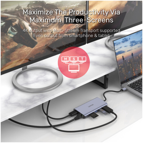 ⁦תחנת עגינה Unitek uHUB S7+ 7-in-1 USB-C Ethernet Hub with MST Dual Monitor, 100W Power Delivery and Card Reader⁩ – תמונה ⁦6⁩