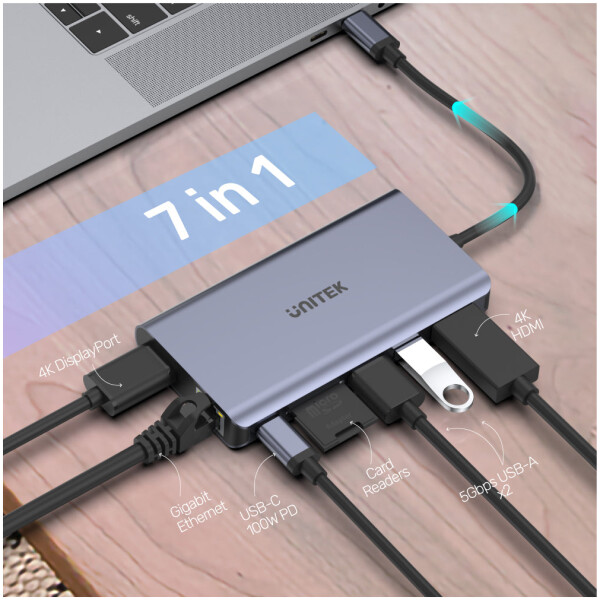 ⁦תחנת עגינה Unitek uHUB S7+ 7-in-1 USB-C Ethernet Hub with MST Dual Monitor, 100W Power Delivery and Card Reader⁩ – תמונה ⁦3⁩