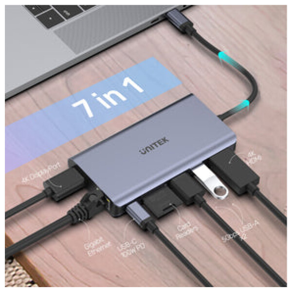 ⁦תחנת עגינה Unitek uHUB S7+ 7-in-1 USB-C Ethernet Hub with MST Dual Monitor, 100W Power Delivery and Card Reader⁩ – תמונה ⁦11⁩
