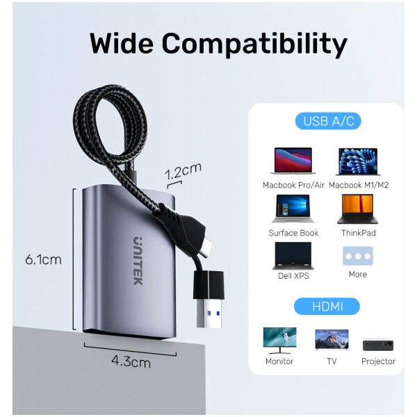 ⁦מתאם עם פיצול ל2 מסכים Unitek USB C/A Dual HDMI Adapter⁩ – תמונה ⁦6⁩