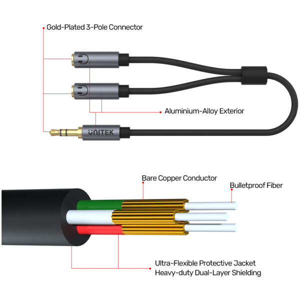 ⁦מפצל לזוג אוזניות Unitek Headphone Splitter For Dual Headphone (3.5mm Plug to Dual 3.5mm Jack) Stereo Audio Cable⁩ – תמונה ⁦6⁩