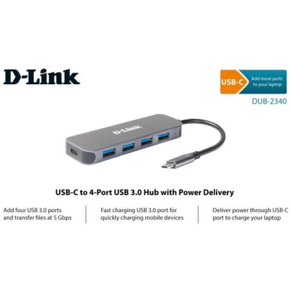 ⁦מפצל D-Link DUB-2340 Type C to 4x USB 3.0 + Type C PD 60W⁩ – תמונה ⁦2⁩