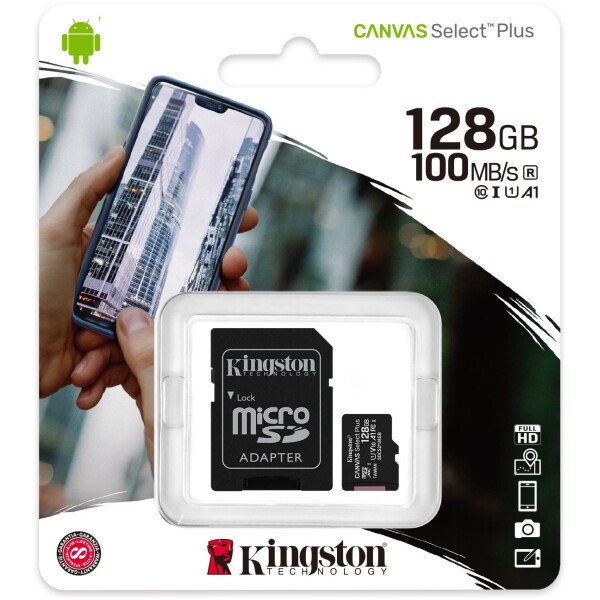 כרטיס זכרון עם מתאם Kingston MicroSD Canvas Select+ 128GB