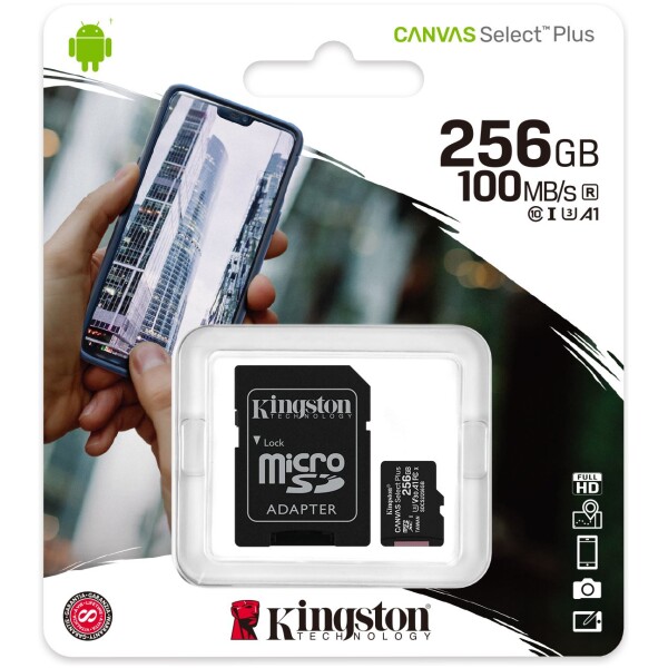 כרטיס זכרון עם מתאם Kingston MicroSD Canvas Select+ 256GB