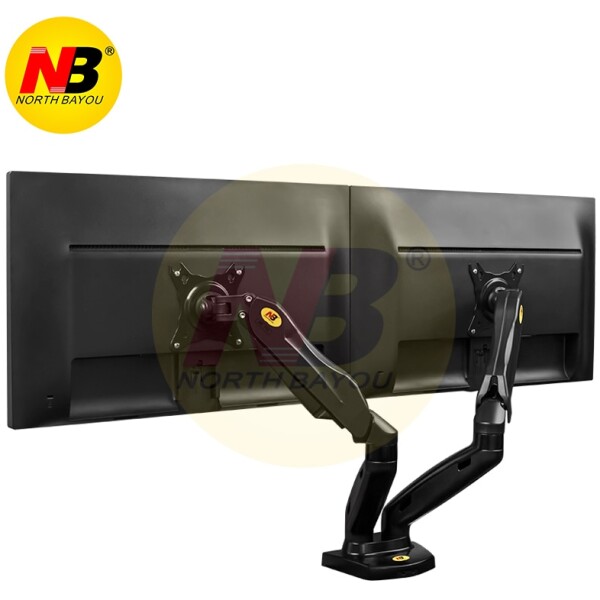⁦זרוע שולחנית כפולה לזוג מסכי מחשב North Bayou F160 17-27" VESA 75/100mm עד משקל 9kg - בוכנות גז - צבע שחור⁩ – תמונה ⁦3⁩