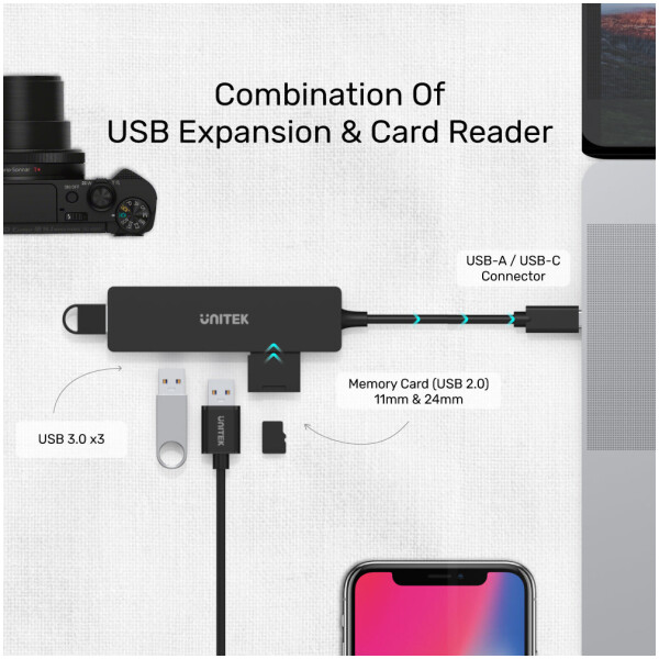 ⁦מפצל + קורא כרטיסי זכרון Unitek uHUB Q4+ 5-in-1 USB 3.0 Hub with Dual Card Reader⁩ – תמונה ⁦7⁩
