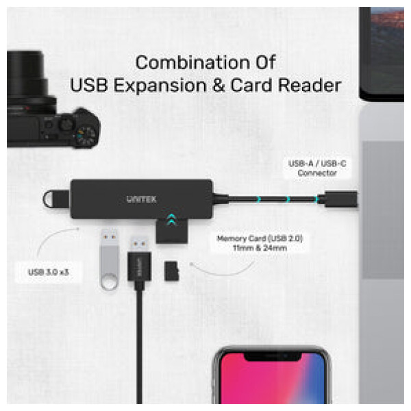 ⁦מפצל + קורא כרטיסי זכרון Unitek uHUB Q4+ 5-in-1 USB 3.0 Hub with Dual Card Reader⁩ – תמונה ⁦15⁩