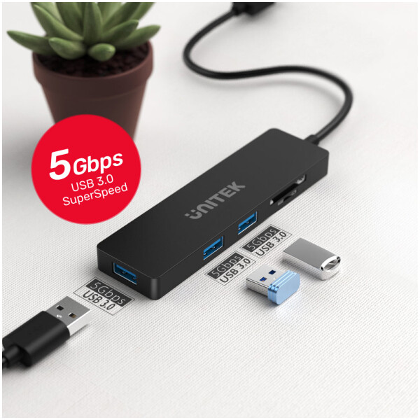 ⁦מפצל + קורא כרטיסי זכרון Unitek uHUB Q4+ 5-in-1 USB 3.0 Hub with Dual Card Reader⁩ – תמונה ⁦2⁩