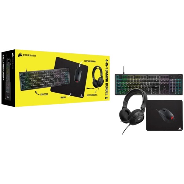 באנדל אביזרי גיימינג CORSAIR 4 in 1: מקלדת K55 CORE RGB + עכבר HARPOON Pro RGB + אוזניות HS35 V2 + משטח לעכבר MM100 Cloth