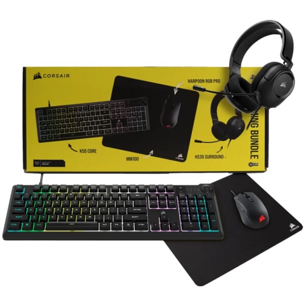 ⁦באנדל אביזרי גיימינג CORSAIR 4 in 1: מקלדת K55 CORE RGB + עכבר HARPOON Pro RGB + אוזניות HS35 V2 + משטח לעכבר MM100 Cloth⁩ – תמונה ⁦2⁩
