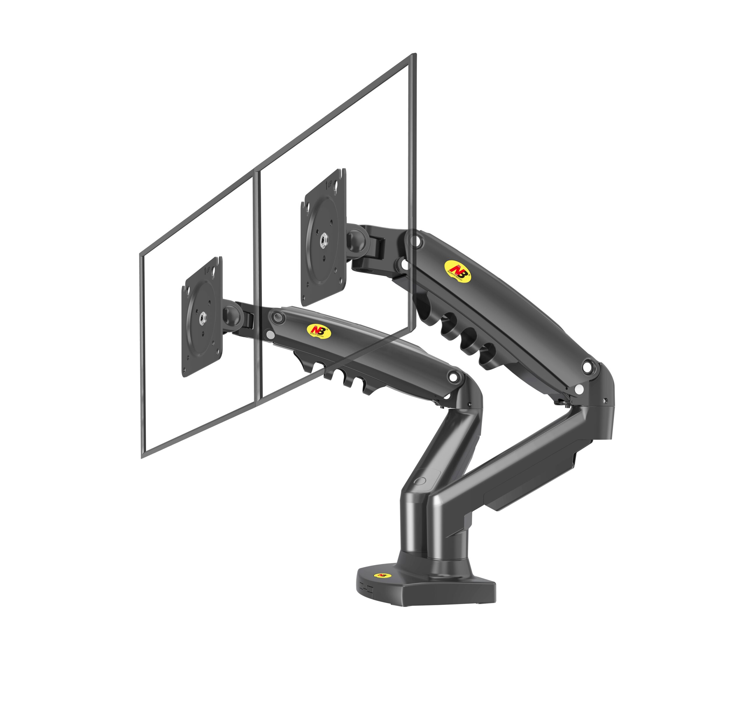 זרוע שולחנית כפולה לזוג מסכי מחשב North Bayou F160 17-27" VESA 75/100mm עד משקל 9kg - בוכנות גז - צבע שחור