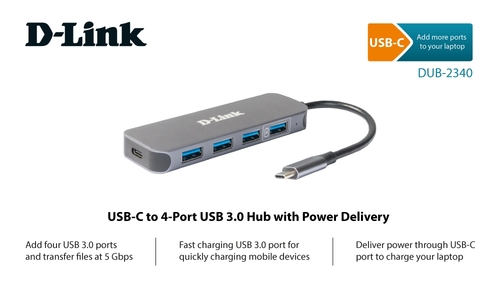 מפצל D-Link DUB-2340 Type C to 4x USB 3.0 + Type C PD 60W – תמונה 2