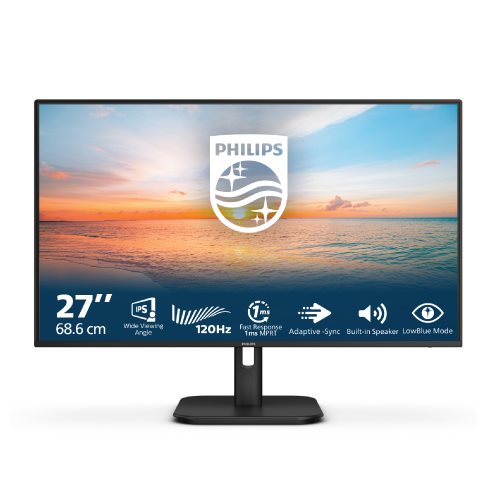 מסך מחשב מסך Philips 27E1N1200A Full HD (1920*1080) 120Hz 1ms DisplayPort/HDMI/VGA + VESA עם רמקולים מובנים, צבע שחור