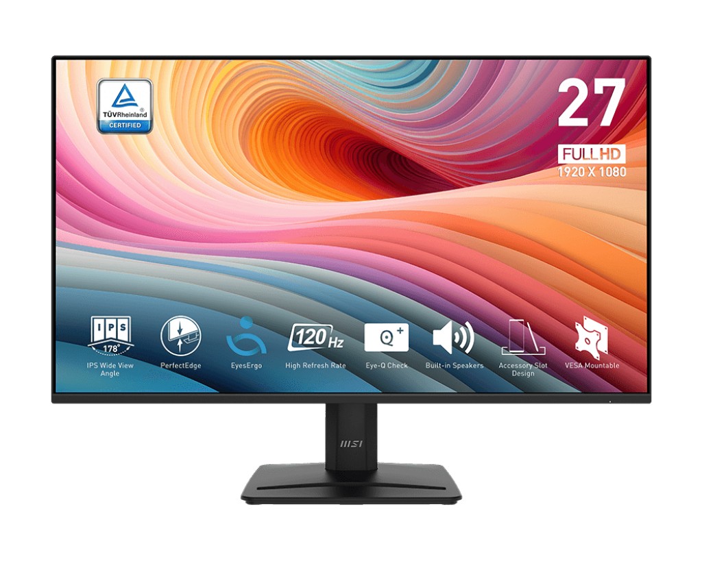 מסך מחשב עסקי MSI PRO MP275 E2 120Hz HDMI DP VGA עם התקן VESA ורמקולים מובנים, צבע שחור